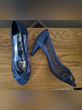easy street Navy Blue Glitter Sheer Peep-Toe Pumps
